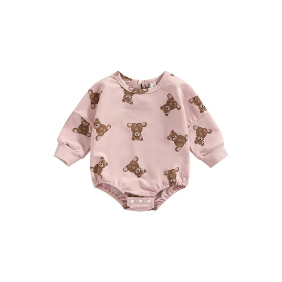 hirigin Babies Cartoon Bear Print Romper, Round Neck Long Sleeve Loose Fit Jumpsuit, Pink/ White