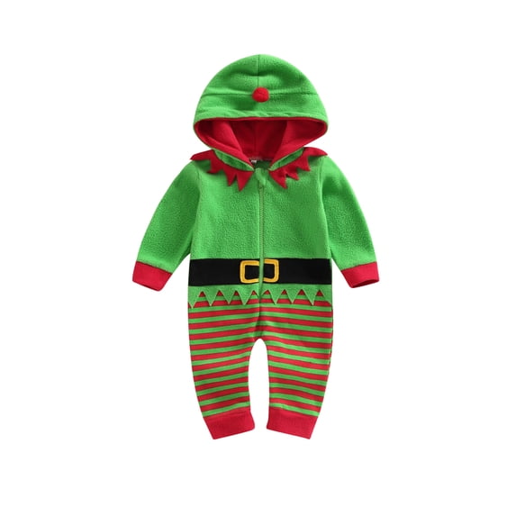 hirigin Baby Girls Boys Christmas Romper Stripe Patchwork Hooded Long Sleeve Zipper-Up Jumpsuits Autumn Winter Bodysuits
