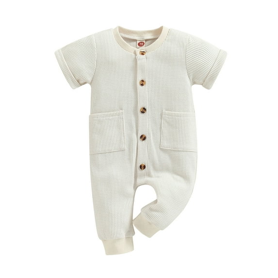 hirigin Baby Girls Boys Summer Casual Jumpsuit Solid Color Short Sleeve O Neck Button Down Romper