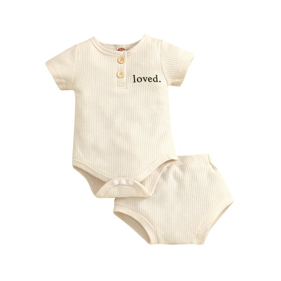 hirigin Baby Summer 2Pcs Outfit Sets Short Sleeve Letter Print Button Romper + Solid Color Shorts