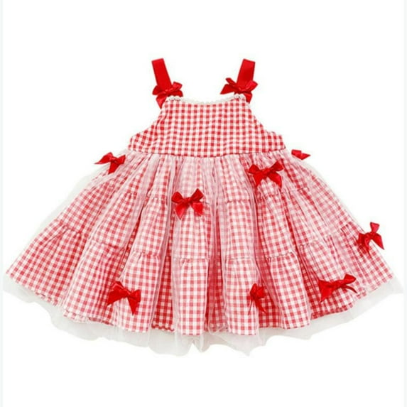 hirigin Children Girls Summer Dresses Plaid Pattern Stitched Mesh Lace Neckline Bow Suspender Dress
