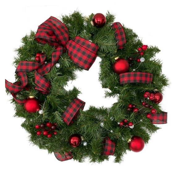 hirigin Christmas Plaid Bows Wreath Decorative Artificial Farmhouse Garland Ornament for Front Door Wall Indoors Outdoors