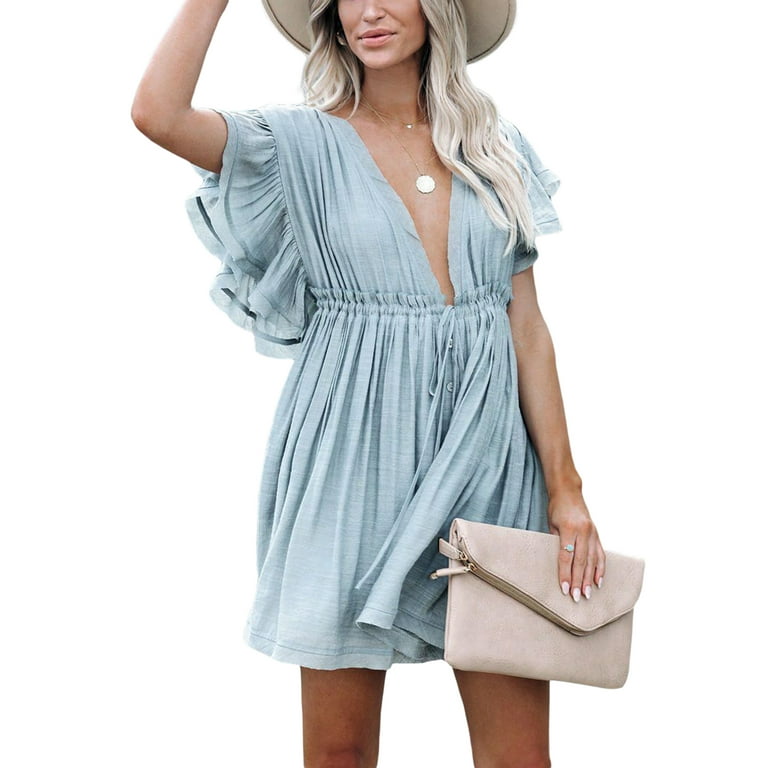 hirigin Deep Neck Slimming Beach Dresses Women Short Sleeve Solid