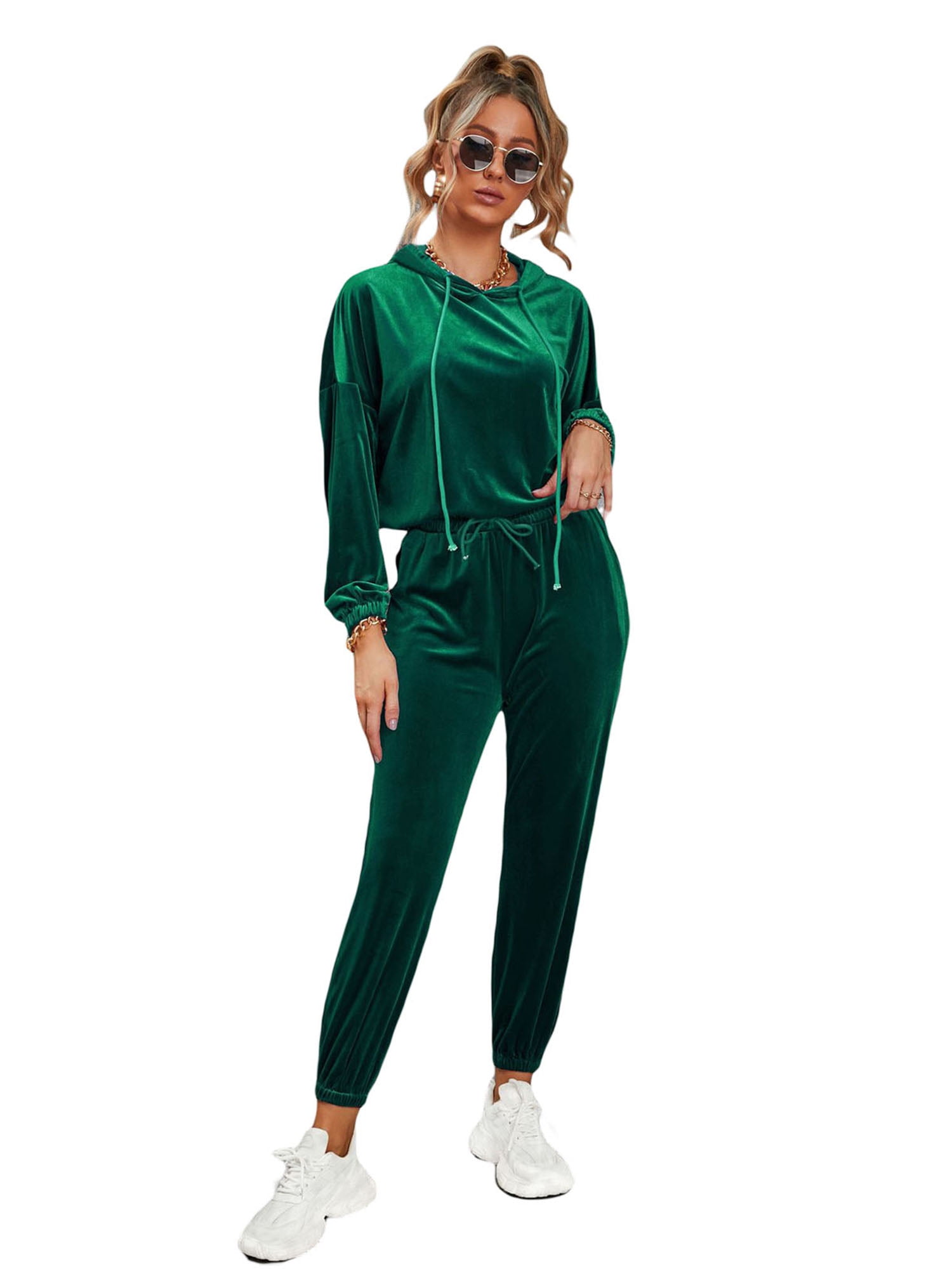 hirigin Fall Women Velvet Tracksuits Set Solid Color Long Sleeve Hoodie