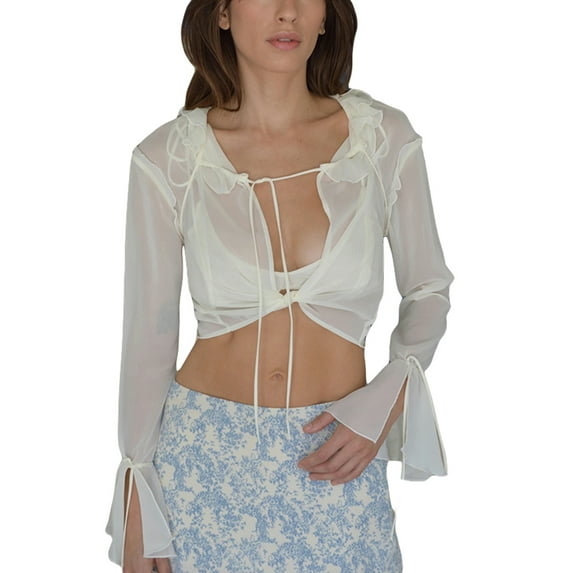 hirigin Female Pullover, Solid Color Long Sleeve Bandage Low-Cut See-Through Crop Tops for Spring Summer, S/M/L