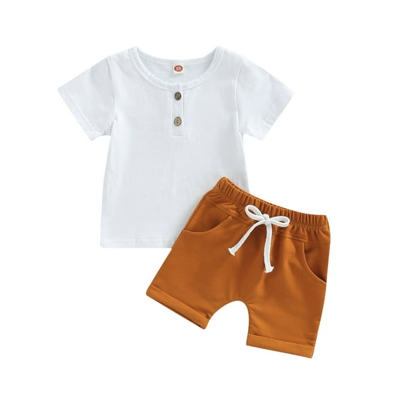 hirigin Infant Baby Boys 2 Pieces Outfits, Solid Color Round Neck Short Sleeve T-Shirts Tops + Elastic Waist Shorts Set