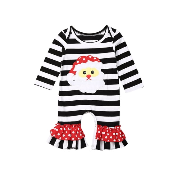 hirigin Infant Baby Girls Christmas Romper Stripe Deer/Santa Embroidery Round Neck Long Sleeve Ruffles Flare Pants Jumpsuits