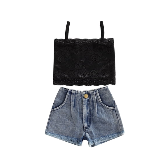 hirigin Kid Girl Short Pants Outfits, Sleeveless Solid Color Lace Sling Tops + Tassel Hem Shorts Set