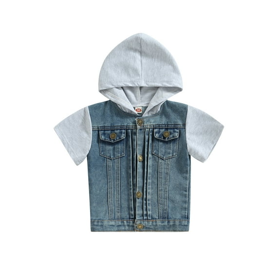 hirigin Kid Toddler Summer Coat, Denim Patchwork Short Sleeved Hooded Button Closure T-Shirt for Boys Girls