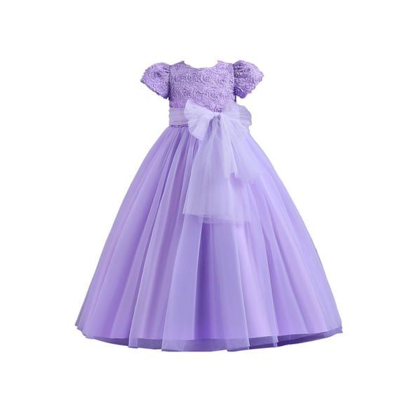hirigin Kids Girl’s Tulle Dress, Short Sleeve Crew Neck Flower Bowknot Patchwork Dress for Party Stage Show