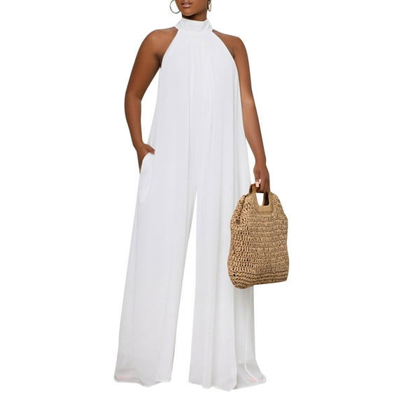 hirigin Ladies Summer Loose Chiffon Jumpsuit, Solid Color Half High Collar Off Shoulder Back Hollow Sleeveless Wide Leg Siamese Trousers