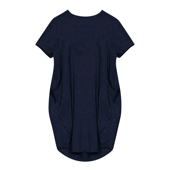 hirigin Large Size Casual Dresses for Women Summer Short Sleeve Round Collar Solid Color Pocket Middle Skirt