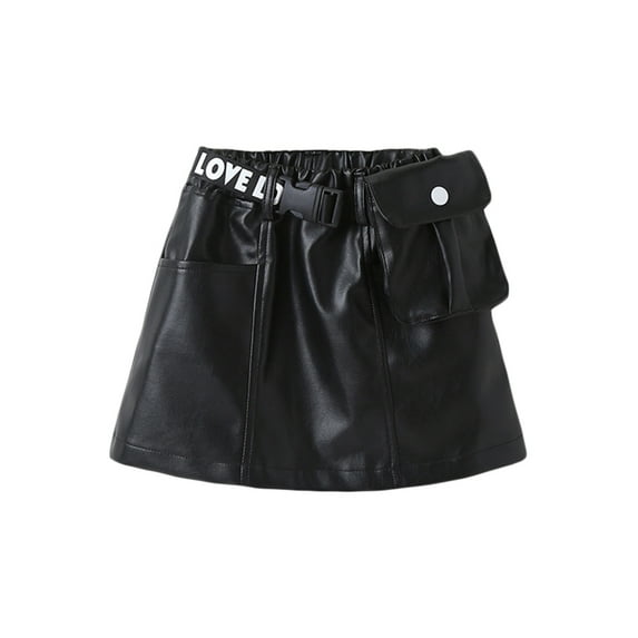 hirigin Little Girls PU Leather Skirt Outfits, Plain Color High Waisted Short Skirt + Letter Plastic Buckle Waist Belt with Bag