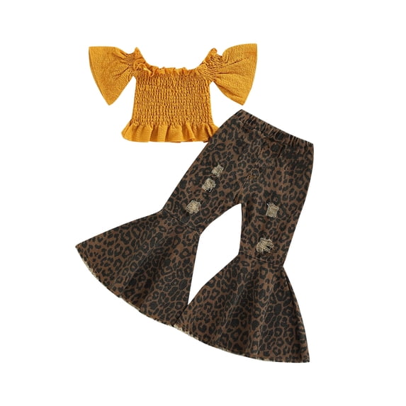 hirigin Little Girls Two-Piece Outfits, Short Sleeve Off Shoulder Solid Color Tops + Elastic Waist Leopard Print Flared Trousers