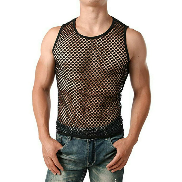 hirigin Male Mesh Sheer Vest, Sexy Fish Net Muscle Tank Tops O-Neck  Sleeveless Cloth 