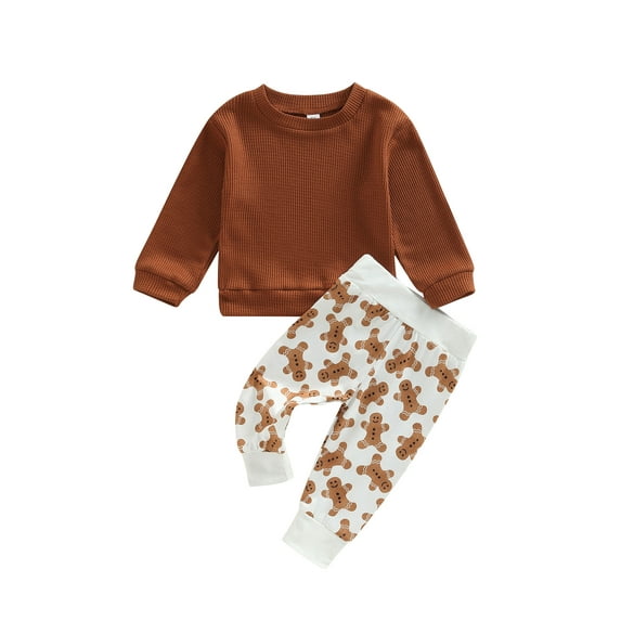 hirigin Newborn Baby Christmas Clothes 2Pcs Set, Solid Color Waffle Long Sleeve Pullover + Christmas Tree Print Long Pants