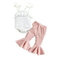 thumbnail image 1 of hirigin Newborn Girl Long Pants Outfits, Solid Color Sleeveless Ruffles Decor Sling Romper + Elastic Waist Ribbed Flare Pants Set, 1 of 9