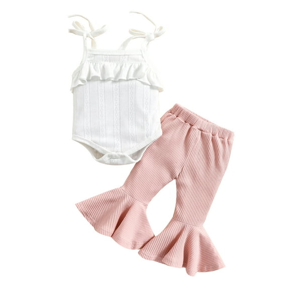 hirigin Newborn Girl Long Pants Outfits, Solid Color Sleeveless Ruffles Decor Sling Romper + Elastic Waist Ribbed Flare Pants Set