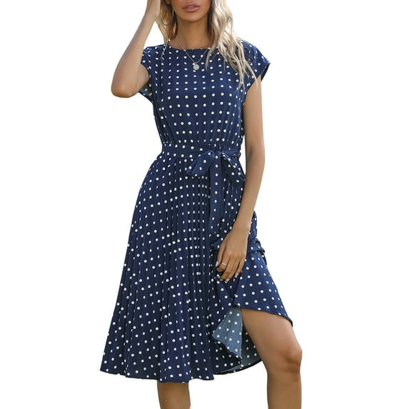 hirigin Summer Dresses for Women, Adjustable Waist Belt Short Sleeve Dots Round Neck Dress, Loose Fit Casual One-Piece