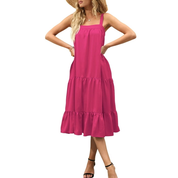 hirigin Summer Loose Dresses for Women, Ruffle Tiered Sleeveless Solid Color Midi Tank Beach Dress