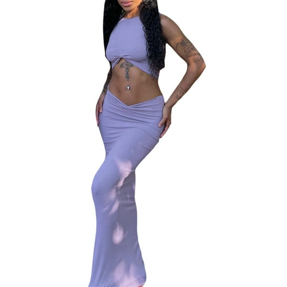 hirigin Summer Party Club Bodycon Outfits Women Solid Sleeveless Crop Tops and Ruched Wrapped Skirts Set Ladies Casual Sexy Clothing