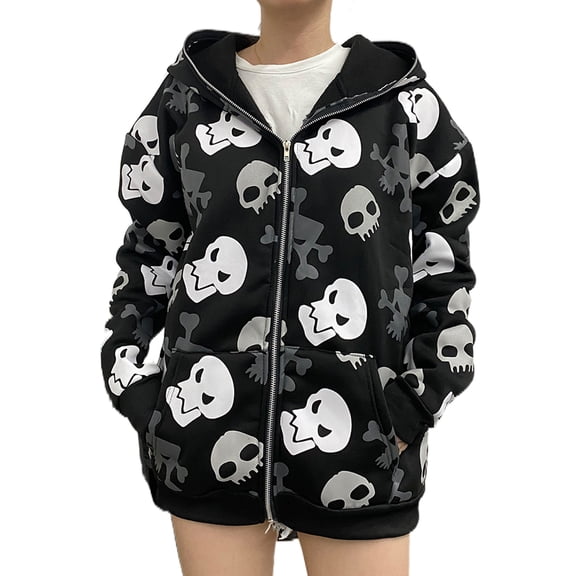 hirigin Sweatshirt Aesthetic Oversized Graphic Full Zip Up Hoodie Women Men Vintage Print Loose E Girls Teen Baggy Long Sleeve Jacket Tops 90s Casual Streetwear Black White Skulls