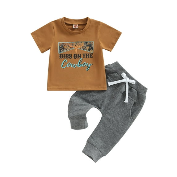 hirigin Toddler Baby Boy Clothes Suits Cow Head Letter Print Short Sleeve Crew Neck T-Shirts Tops and Elastic Waist Long Pants 2Pcs Set