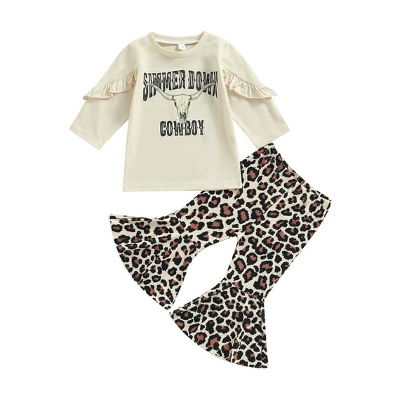 hirigin Toddler Kids Girls Fall Clothes Set Letter Cow Head Print Long Sleeve Crew Neck T-Shirt and Leopard Print Flare Pants 2Pcs Suit