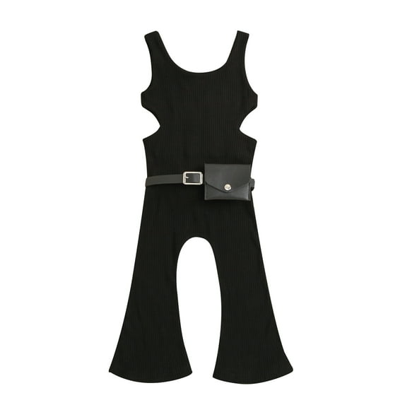 hirigin Toddler Kids Girls Sleeveless Rompers Solid Color Knitted Ribbed Waist Cutout Jumpsuits Summer One-Piece Clothes with Waist Bag