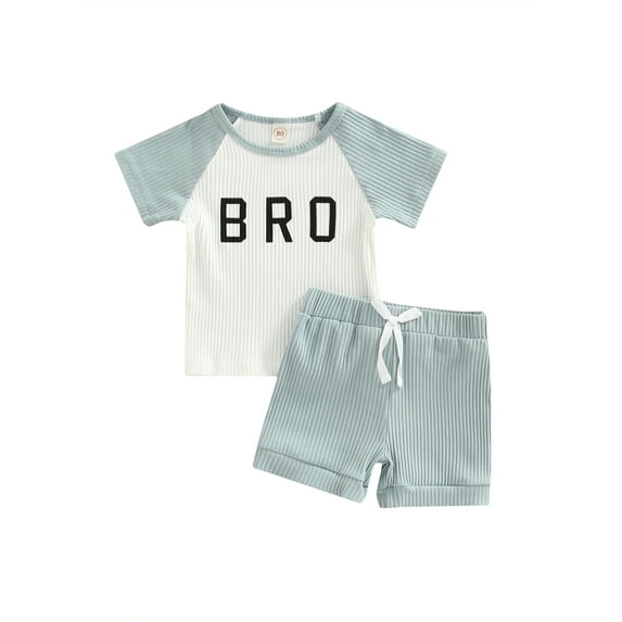 hirigin Toddlers Boys Ribbed 2Pcs Outfits, Short Sleeve O-Neck Letter Printed T-Shirt + Waist Drawstring Short Pants