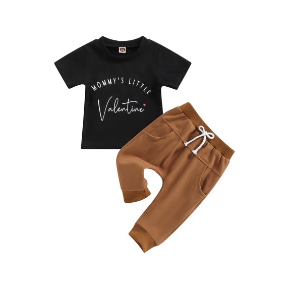 hirigin Valentine's Day Baby Boys Clothes Outfit Letter Heart Print Crew Neck Short Sleeve T-Shirts and Solid Color Long Pants 2Pcs Set