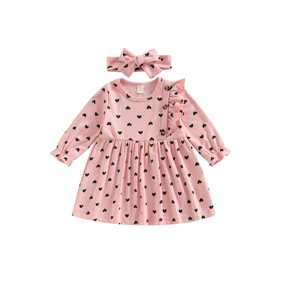 hirigin Valentine's Day Toddler Girls Dress Heart Print Long Sleeve Crew Neck Buttons Kids Dress Spring Autumn Dress with Headband