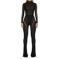 thumbnail image 1 of hirigin Women 2 Piece Outfits, Trendy Long Sleeve Sheer Mesh Patchwork Bodysuit + Flare Pants Set, 1 of 9