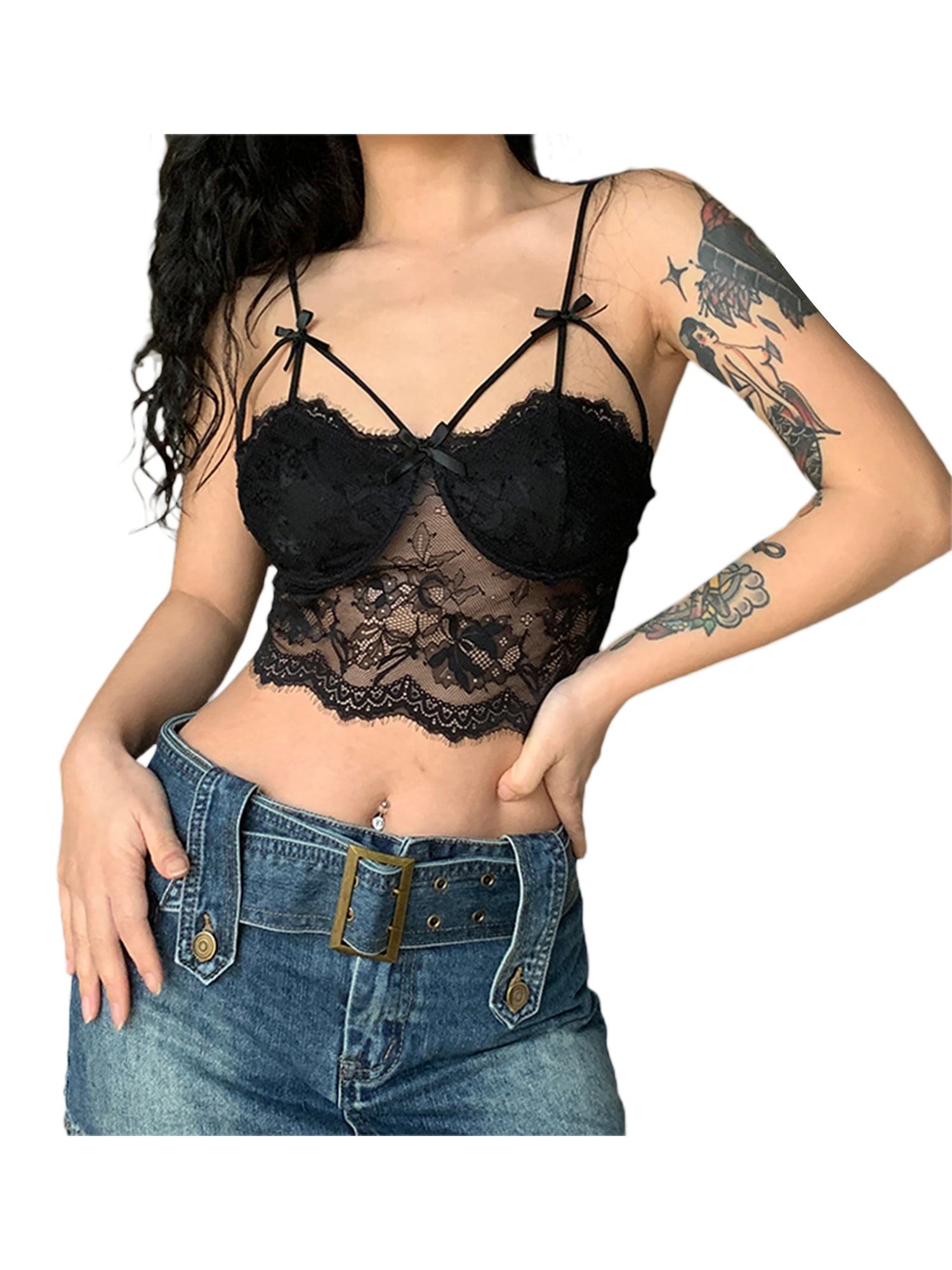 hirigin Women Attractive Sheer Camisole Black Lace Hollow Out Spaghetti  Strap Cropped Tops, S/ M/ L