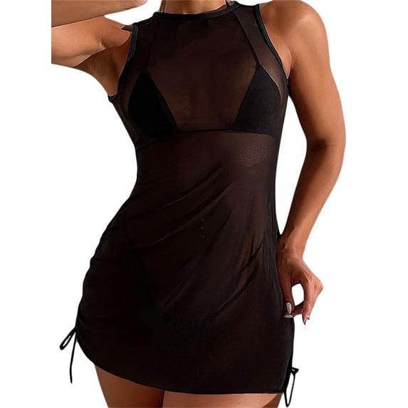 hirigin Women Bathing Suit Cover Up, Sleeveless Round-Neck Solid Color Sheer Side Drawstring Mini Dress Beachwear