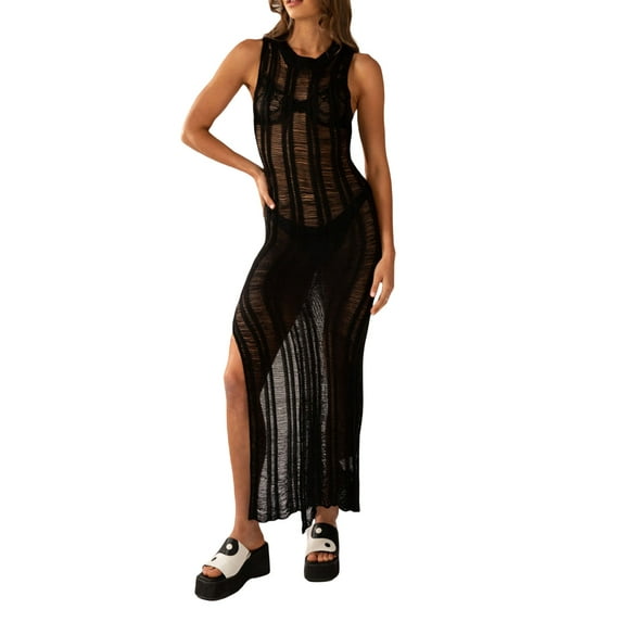 hirigin Women Bathing Suit Cover Ups Solid Color Knitted See-Through Crew Neck Sleeveless High Slit Beach Long Dress for Bikini Swimwear