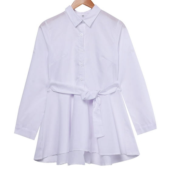 hirigin Women Blouse Dress with Waist Belt, Long Sleeve Solid Color Folded Collar Dress, Loose Knee-Length Casual Dress