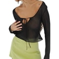 thumbnail image 1 of hirigin Women Blouse Sexy Sheer See Through Mesh Long Sleeve Crop Top Lace Up Bandage Shirt 90s 00s Blouses Summer Party Clothes, 1 of 2