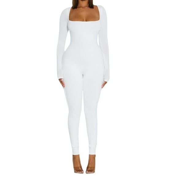 hirigin Women Bodycon Jumpsuit Solid Color Low Cut Square Neck Long Sleeve Pants Romper Clubwear Streetwear