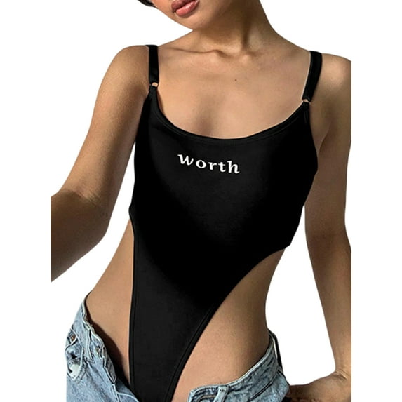 hirigin Women Bodysuit, Spaghetti Strap High-cut Letters Print Slim Fit Jumpsuit for Club Party