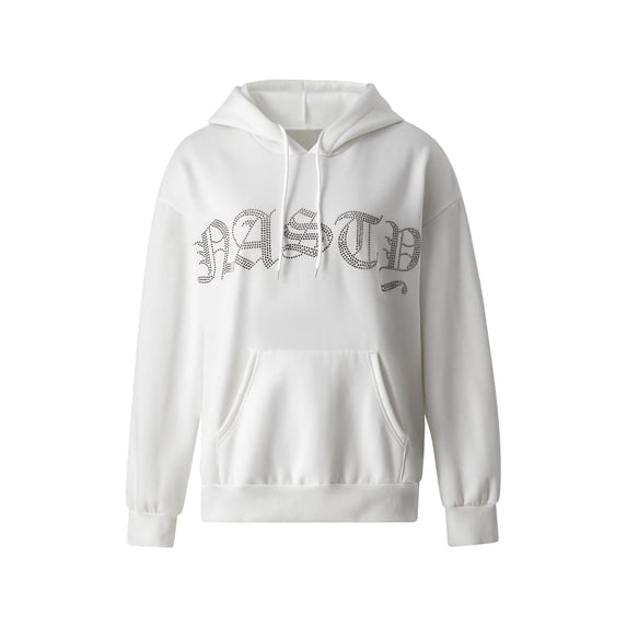 hirigin Women Casual Loose Fit Hoodie, Rhinestone Letters Pattern Long Sleeve Hooded Sweatshirt, Black/ White
