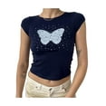 thumbnail image 1 of hirigin Women Casual T-Shirt, Cap Sleeve Butterfly Dot Pattern Print Round Neck Leisure Streetwear Summer Tee, 1 of 6