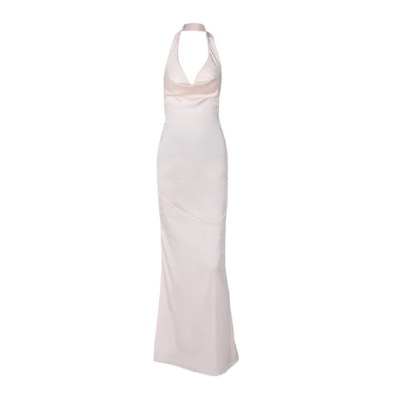 hirigin Women Cocktail Party Dress, Solid Color Silky Halter Cowl Neck Open Back Full Dress One Piece for Ladies, Silver/Gold