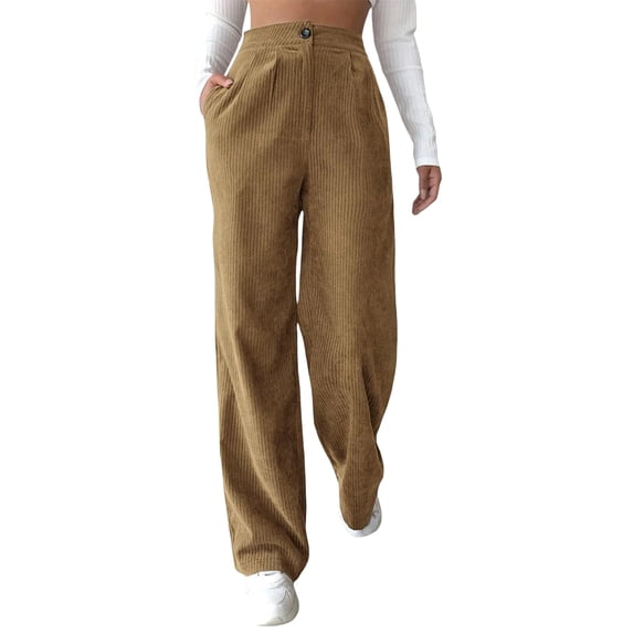 hirigin Women Corduroy Pants, Button Zipper Closure Solid Straight Trousers for Casual Daily