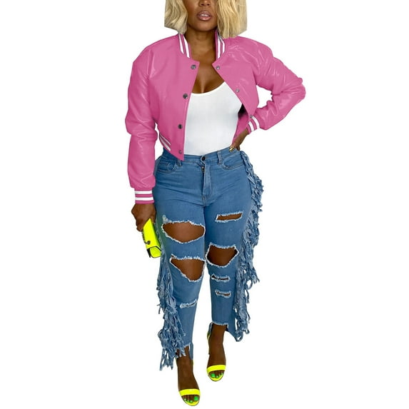 hirigin Women Crop Leather Baseball Jacket Striped Contrast Color Vintage Casual Long Sleeve Button Up Jacket Streetwear