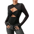thumbnail image 1 of hirigin Women Crop Long Sleeve Shirt Casual Solid Color Cutout See-through Mesh Basic Tops Streetwear Clubwear, 1 of 8
