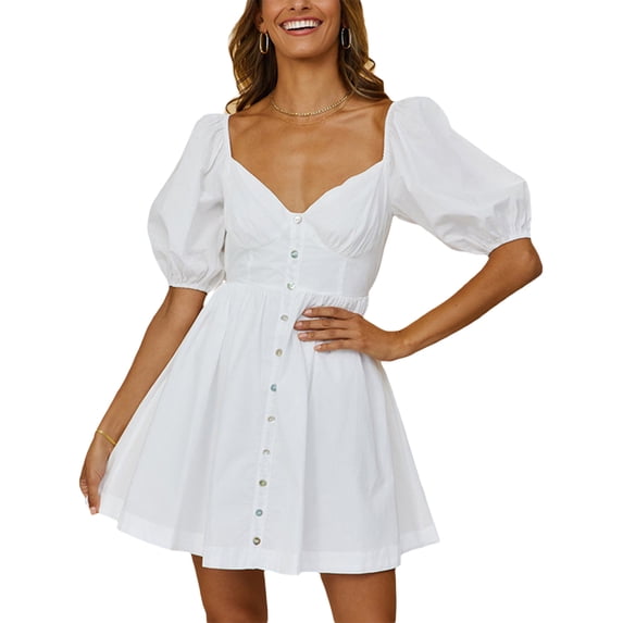 hirigin Women Dress, Short Sleeve V Neck Solid Color Buttons Casual Party Club Street Spring Short Dress, White
