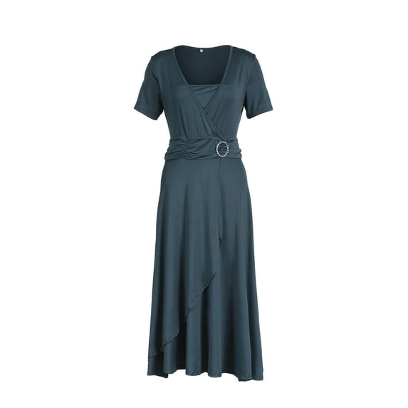 hirigin Women Elegant Asymmetric High Waist Solid Casual Short Sleeve V-Neck Dress