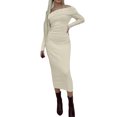thumbnail image 1 of hirigin Women Fashion Long Bodycon Dress Solid Color Knitted Ribbed Plush Trim Boat Neck Long Sleeve Dress Spring Autumn Skinny Dress, 1 of 6