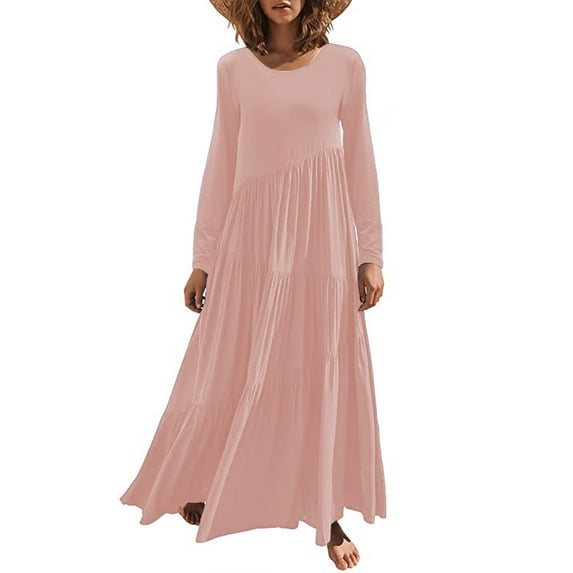 hirigin Women Fashion Loose Long Dress Solid Color Round Neck Long Sleeve Asymmetric Swing Dress Spring Autumn Beach Dress